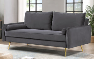 English Elm Mid-Century Velvet Sofa with Nailhead Trim Golden Legs for Living Room Comfort Gray B2735P539756
