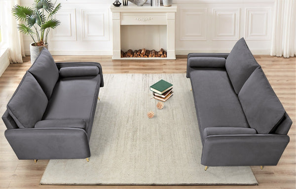 English Elm Modern Velvet Upholstered Loveseat with Gold Legs and Nailhead Trim for Small Spaces Gray Nailhead Trim B2735P539757