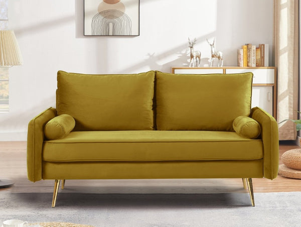 English Elm Modern Velvet Upholstered Loveseat with Gold Legs and Nailhead Trim for Small Spaces Mustard Yellow Nailhead Trim B2735P539761