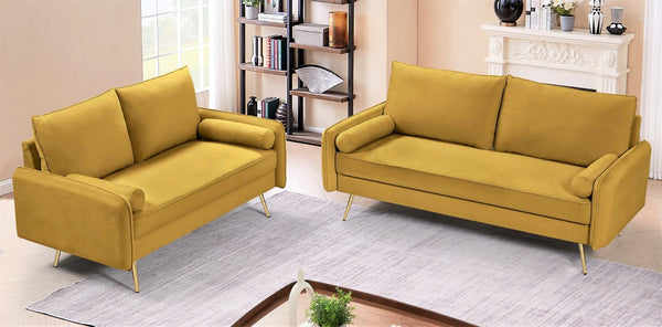 English Elm Modern Velvet Upholstered Loveseat with Gold Legs and Nailhead Trim for Small Spaces Mustard Yellow Nailhead Trim B2735P539761