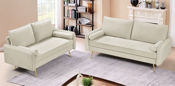 English Elm Modern Velvet Upholstered Loveseat with Gold Legs and Nailhead Trim for Small Spaces Ivory Nailhead Trim B2735P539762