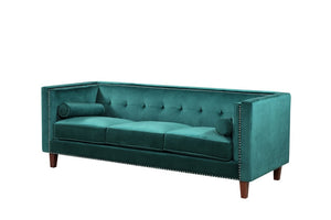 English Elm Chesterfield Crushed Velvet Sofa with Tufted Back Nailhead Trim and Bolster Pillows Emerald B2735P539772