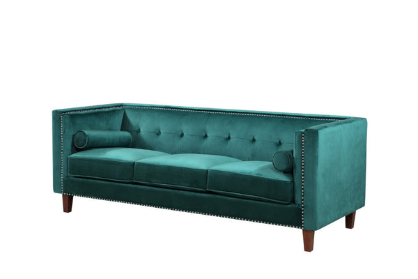 English Elm Chesterfield Crushed Velvet Sofa with Tufted Back Nailhead Trim and Bolster Pillows Emerald B2735P539772