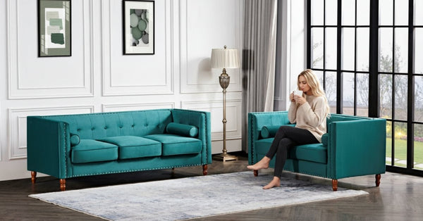 English Elm Chesterfield Crushed Velvet Sofa with Tufted Back Nailhead Trim and Bolster Pillows Emerald B2735P539772