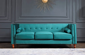 English Elm Chesterfield Crushed Velvet Sofa with Tufted Back Nailhead Trim and Bolster Pillows Emerald B2735P539772