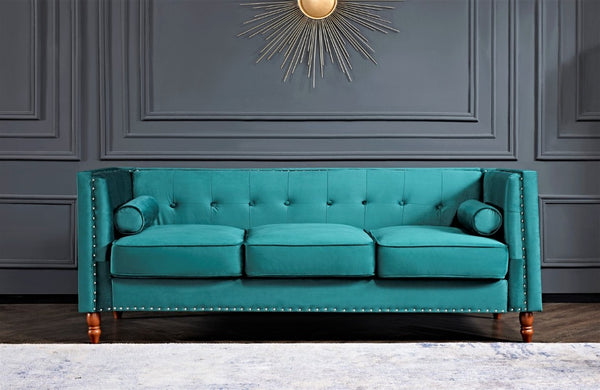 English Elm Chesterfield Crushed Velvet Sofa with Tufted Back Nailhead Trim and Bolster Pillows Emerald B2735P539772
