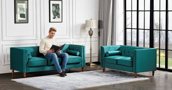 English Elm Chesterfield Crushed Velvet Sofa with Tufted Back Nailhead Trim and Bolster Pillows Emerald B2735P539772