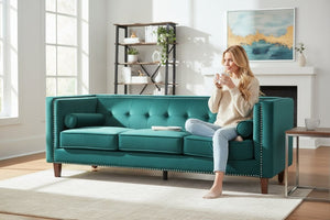 English Elm Chesterfield Crushed Velvet Sofa with Tufted Back Nailhead Trim and Bolster Pillows Emerald B2735P539772