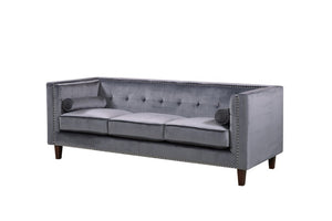 English Elm Chesterfield Crushed Velvet Sofa with Tufted Back Nailhead Trim and Bolster Pillows Gray B2735P539774