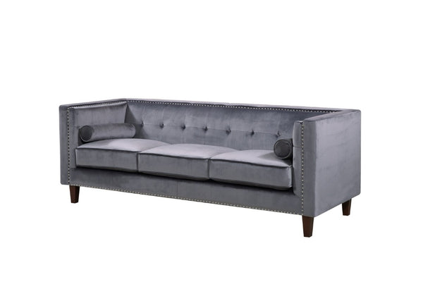 English Elm Chesterfield Crushed Velvet Sofa with Tufted Back Nailhead Trim and Bolster Pillows Gray B2735P539774