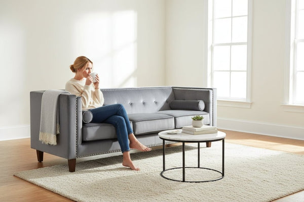 English Elm Chesterfield Crushed Velvet Sofa with Tufted Back Nailhead Trim and Bolster Pillows Gray B2735P539774