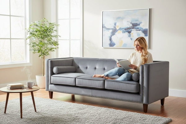 English Elm Chesterfield Crushed Velvet Sofa with Tufted Back Nailhead Trim and Bolster Pillows Gray B2735P539774