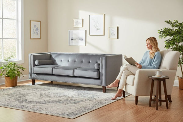 English Elm Chesterfield Crushed Velvet Sofa with Tufted Back Nailhead Trim and Bolster Pillows Gray B2735P539774