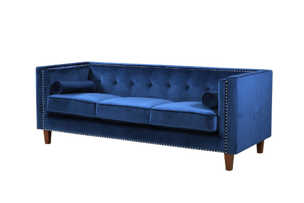 English Elm Chesterfield Crushed Velvet Sofa with Tufted Back Nailhead Trim and Bolster Pillows Blue B2735P539775