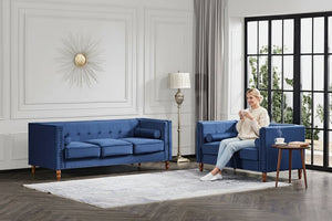 English Elm Chesterfield Crushed Velvet Sofa with Tufted Back Nailhead Trim and Bolster Pillows Blue B2735P539775