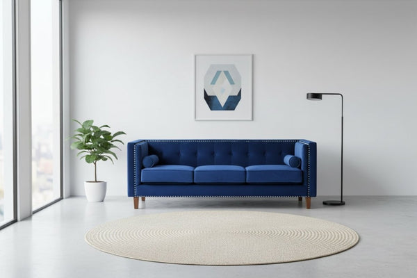 English Elm Chesterfield Crushed Velvet Sofa with Tufted Back Nailhead Trim and Bolster Pillows Blue B2735P539775