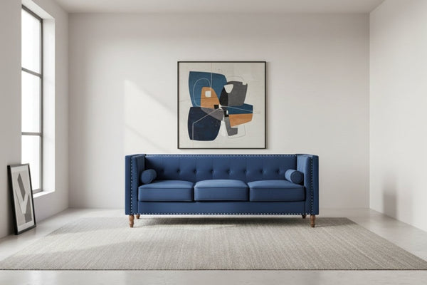 English Elm Chesterfield Crushed Velvet Sofa with Tufted Back Nailhead Trim and Bolster Pillows Blue B2735P539775