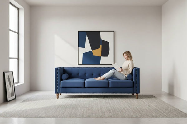 English Elm Chesterfield Crushed Velvet Sofa with Tufted Back Nailhead Trim and Bolster Pillows Blue B2735P539775