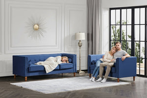 English Elm Chesterfield Crushed Velvet Sofa with Tufted Back Nailhead Trim and Bolster Pillows Blue B2735P539775