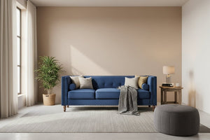 English Elm Chesterfield Crushed Velvet Sofa with Tufted Back Nailhead Trim and Bolster Pillows Blue B2735P539775