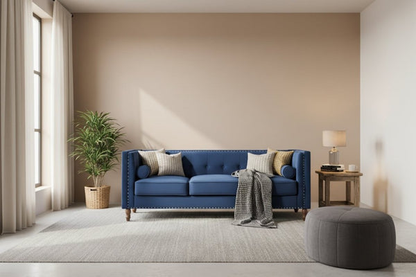 English Elm Chesterfield Crushed Velvet Sofa with Tufted Back Nailhead Trim and Bolster Pillows Blue B2735P539775