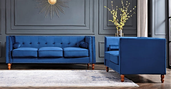 English Elm Chesterfield Crushed Velvet Sofa with Tufted Back Nailhead Trim and Bolster Pillows Blue B2735P539775