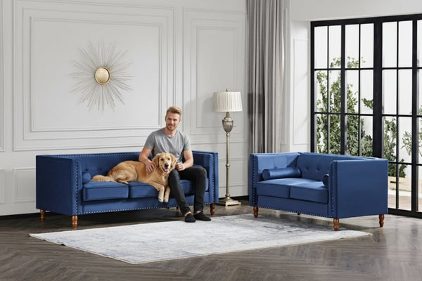 English Elm Chesterfield Crushed Velvet Sofa with Tufted Back Nailhead Trim and Bolster Pillows Blue B2735P539775