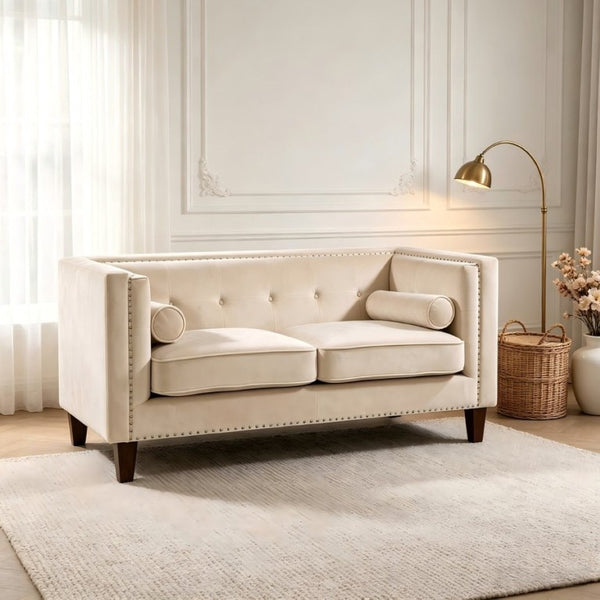 English Elm Chesterfield Button Tufted Crushed Velvet Loveseat with Nailhead Trim and Bolster Pillows Ivory B2735P539776