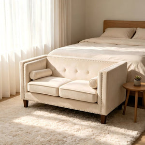 English Elm Chesterfield Button Tufted Crushed Velvet Loveseat with Nailhead Trim and Bolster Pillows Ivory B2735P539776