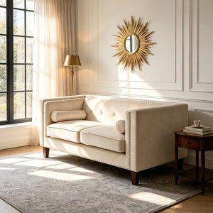 English Elm Chesterfield Button Tufted Crushed Velvet Loveseat with Nailhead Trim and Bolster Pillows Ivory B2735P539776