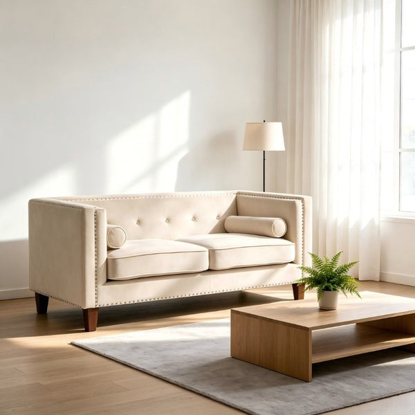 English Elm Chesterfield Button Tufted Crushed Velvet Loveseat with Nailhead Trim and Bolster Pillows Ivory B2735P539776