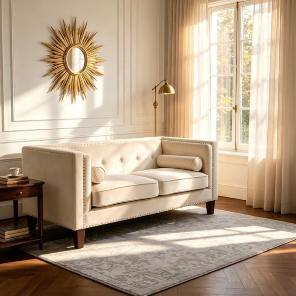 English Elm Chesterfield Button Tufted Crushed Velvet Loveseat with Nailhead Trim and Bolster Pillows Ivory B2735P539776