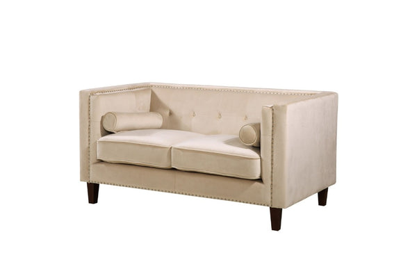 English Elm Chesterfield Button Tufted Crushed Velvet Loveseat with Nailhead Trim and Bolster Pillows Ivory B2735P539776