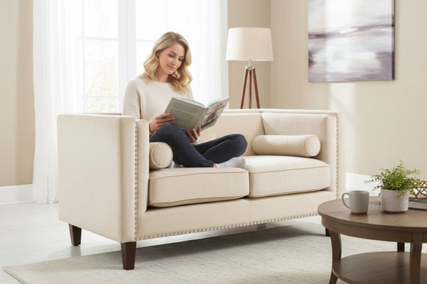 English Elm Chesterfield Button Tufted Crushed Velvet Loveseat with Nailhead Trim and Bolster Pillows Ivory B2735P539776