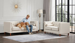 English Elm Chesterfield Button Tufted Crushed Velvet Loveseat with Nailhead Trim and Bolster Pillows Ivory B2735P539776