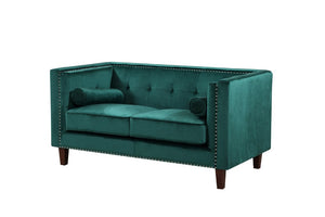 English Elm Chesterfield Button Tufted Crushed Velvet Loveseat with Nailhead Trim and Bolster Pillows Green B2735P539777