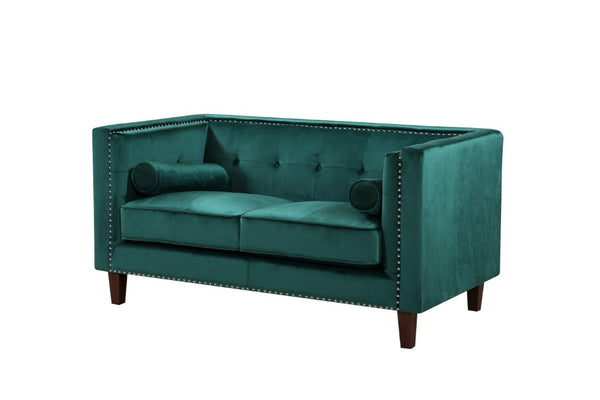 English Elm Chesterfield Button Tufted Crushed Velvet Loveseat with Nailhead Trim and Bolster Pillows Green B2735P539777