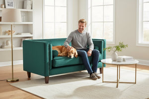 English Elm Chesterfield Button Tufted Crushed Velvet Loveseat with Nailhead Trim and Bolster Pillows Green B2735P539777
