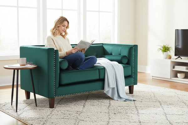 English Elm Chesterfield Button Tufted Crushed Velvet Loveseat with Nailhead Trim and Bolster Pillows Green B2735P539777