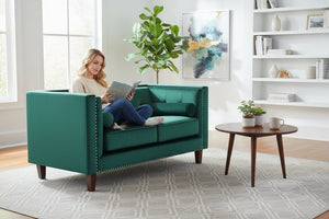 English Elm Chesterfield Button Tufted Crushed Velvet Loveseat with Nailhead Trim and Bolster Pillows Green B2735P539777