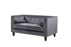 English Elm Chesterfield Button Tufted Crushed Velvet Loveseat with Nailhead Trim and Bolster Pillows Gray B2735P539778