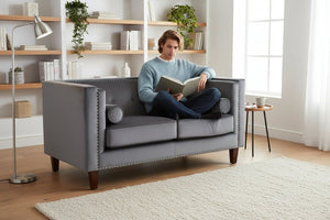 English Elm Chesterfield Button Tufted Crushed Velvet Loveseat with Nailhead Trim and Bolster Pillows Gray B2735P539778
