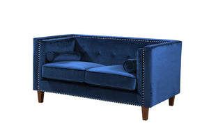English Elm Chesterfield Button Tufted Crushed Velvet Loveseat with Nailhead Trim and Bolster Pillows Blue B2735P539779