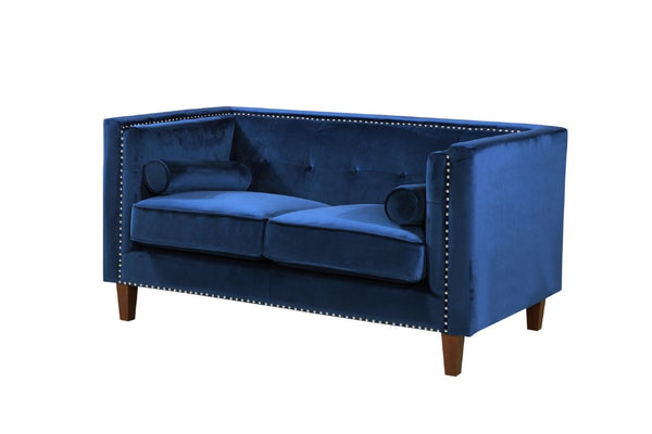 English Elm Chesterfield Button Tufted Crushed Velvet Loveseat with Nailhead Trim and Bolster Pillows Blue B2735P539779