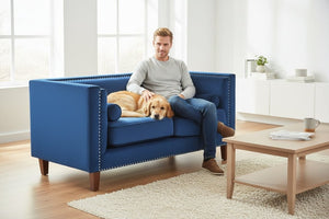 English Elm Chesterfield Button Tufted Crushed Velvet Loveseat with Nailhead Trim and Bolster Pillows Blue B2735P539779