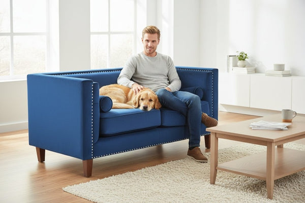 English Elm Chesterfield Button Tufted Crushed Velvet Loveseat with Nailhead Trim and Bolster Pillows Blue B2735P539779