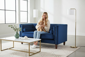 English Elm Chesterfield Button Tufted Crushed Velvet Loveseat with Nailhead Trim and Bolster Pillows Blue B2735P539779