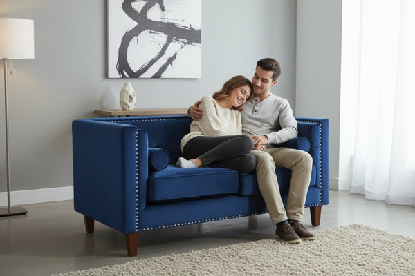 English Elm Chesterfield Button Tufted Crushed Velvet Loveseat with Nailhead Trim and Bolster Pillows Blue B2735P539779