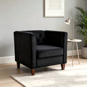 English Elm Modern Crushed Velvet Accent Chair Tufted Back Square Arms Tapered Legs Lounge Black B2735P539780