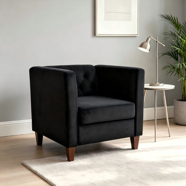 English Elm Modern Crushed Velvet Accent Chair Tufted Back Square Arms Tapered Legs Lounge Black B2735P539780